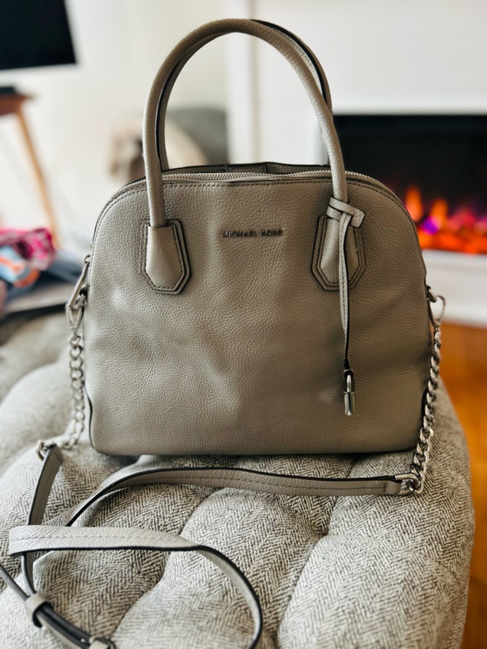 Michael Kors Taupe/Gray Pebbled Leather dome bag with Chain Strap